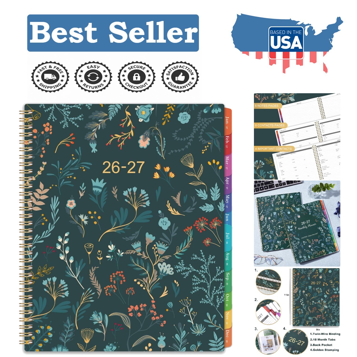 Luxurious 2026-2027 Monthly Organizer – 9×11 with Flexible Cover and Pocket