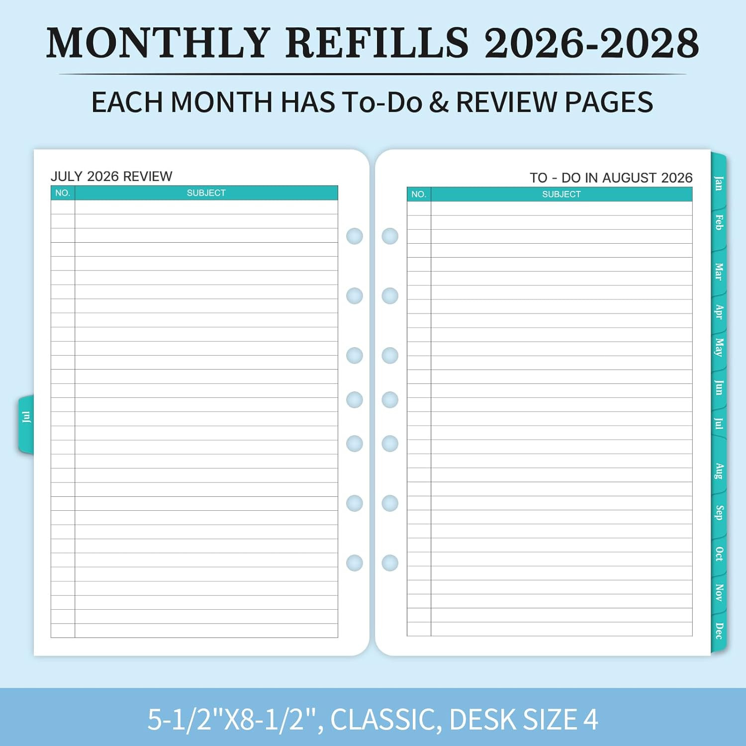 2026-2028 Monthly Planner Refill – Planner Inserts with 7-Hole Punched, 5-1/2″ X