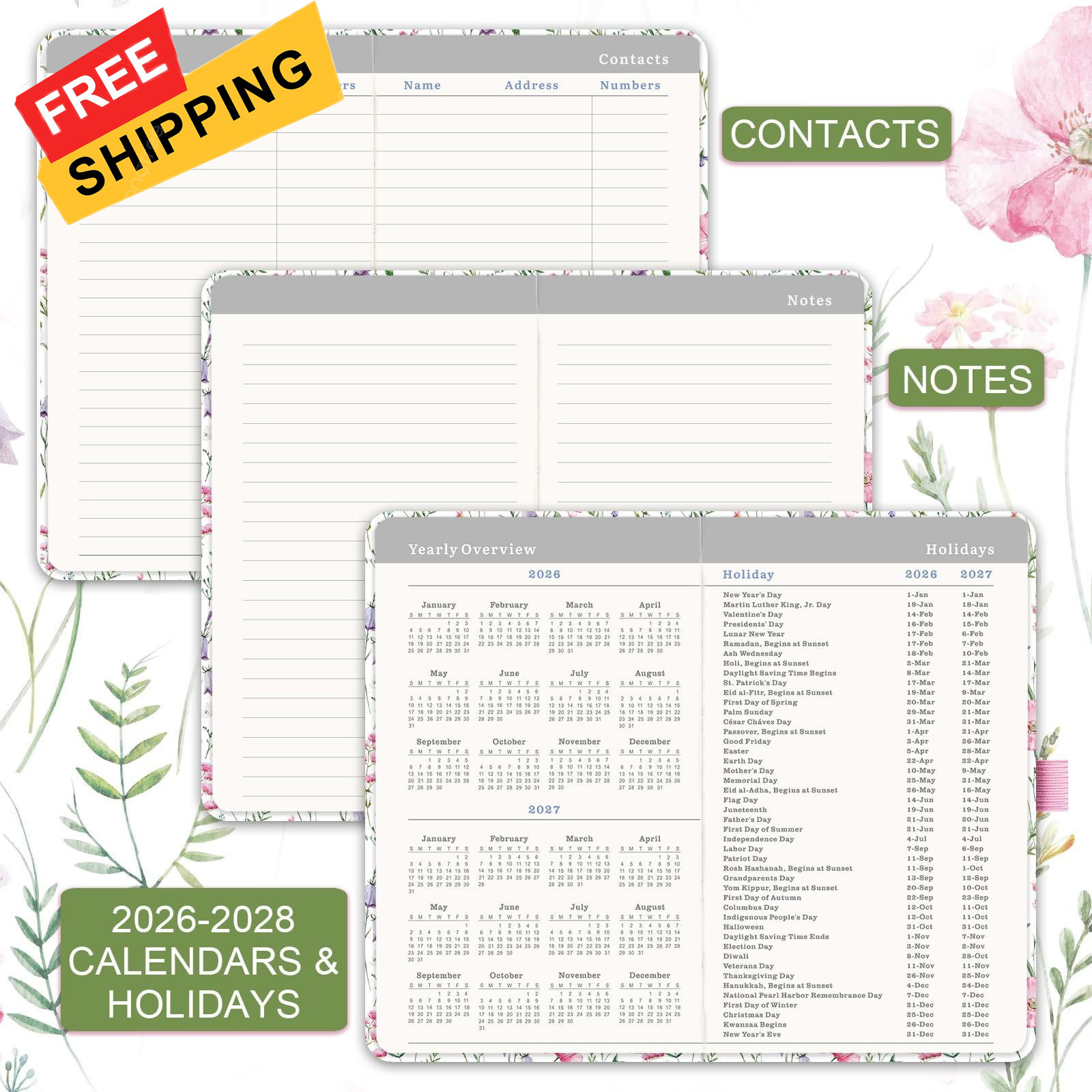 Pocket Calendar 2026-2029 – 3 Year 6.4 inches x 3.8 inches, Pink Flower