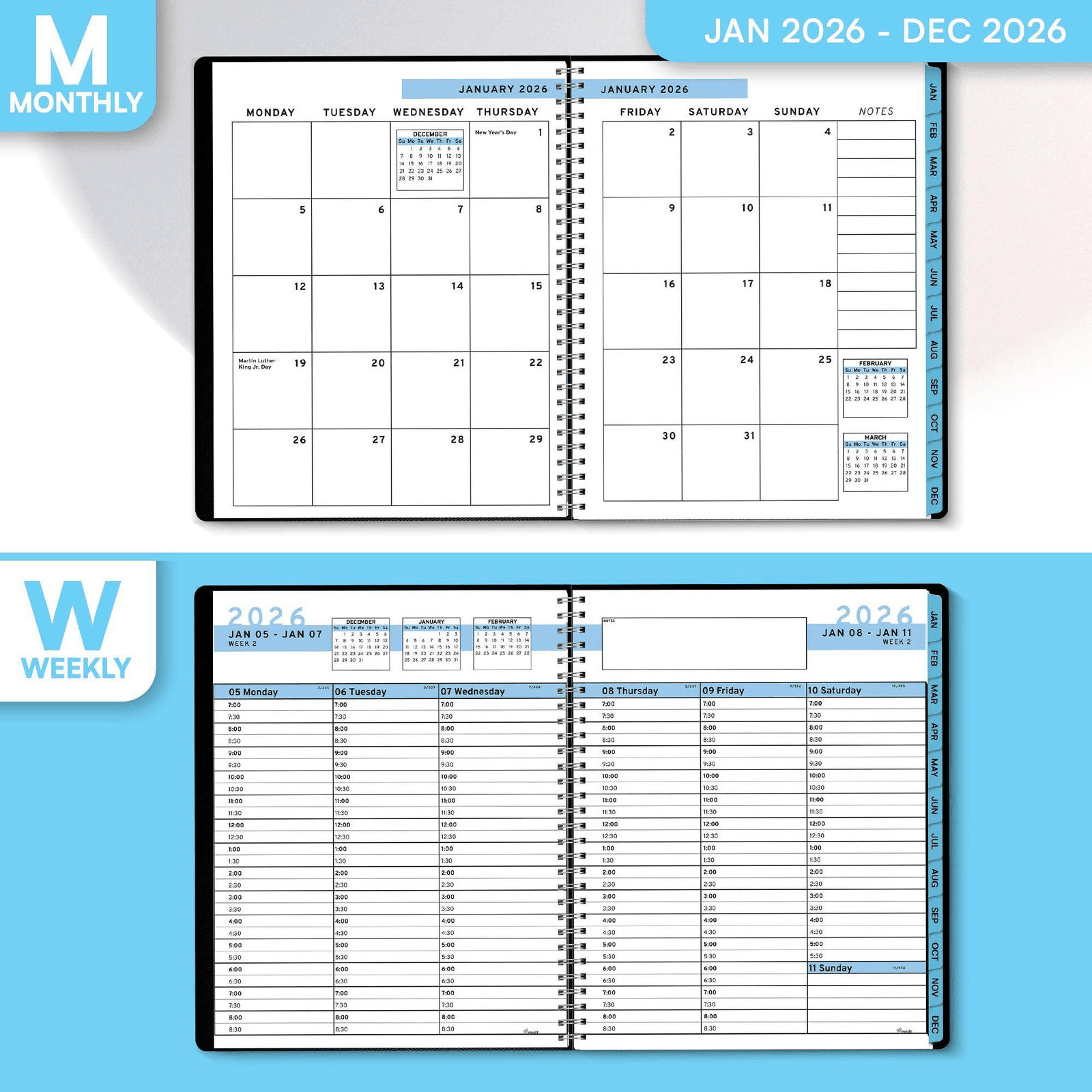 2026 Appointment Book Planner 6.5 x 8.5 inch Large Dark Blue Tabbed Daily Hourly