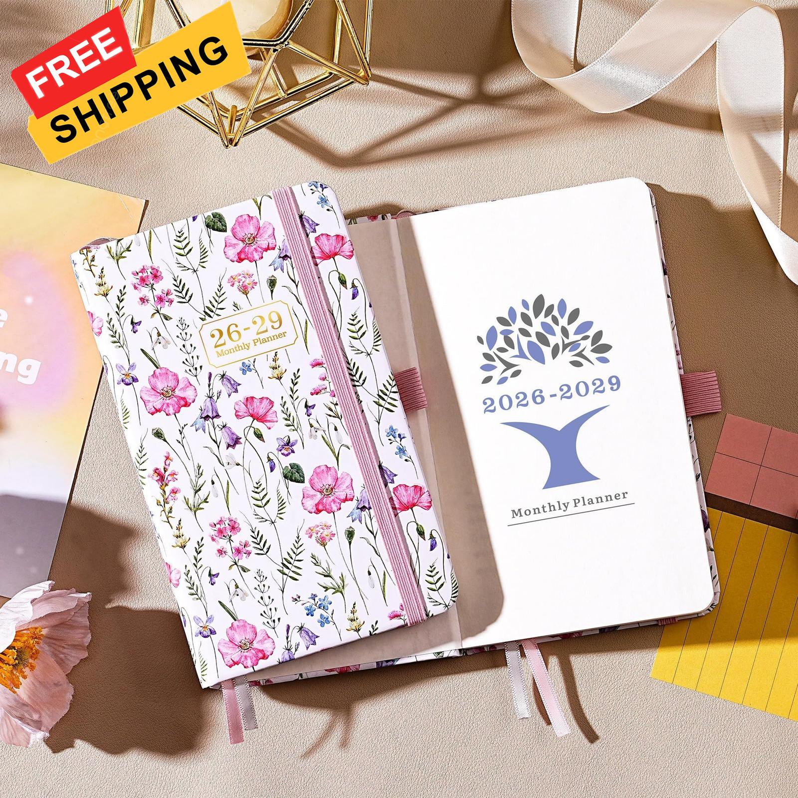 Pocket Calendar 2026-2029 – 3 Year 6.4 inches x 3.8 inches, Pink Flower