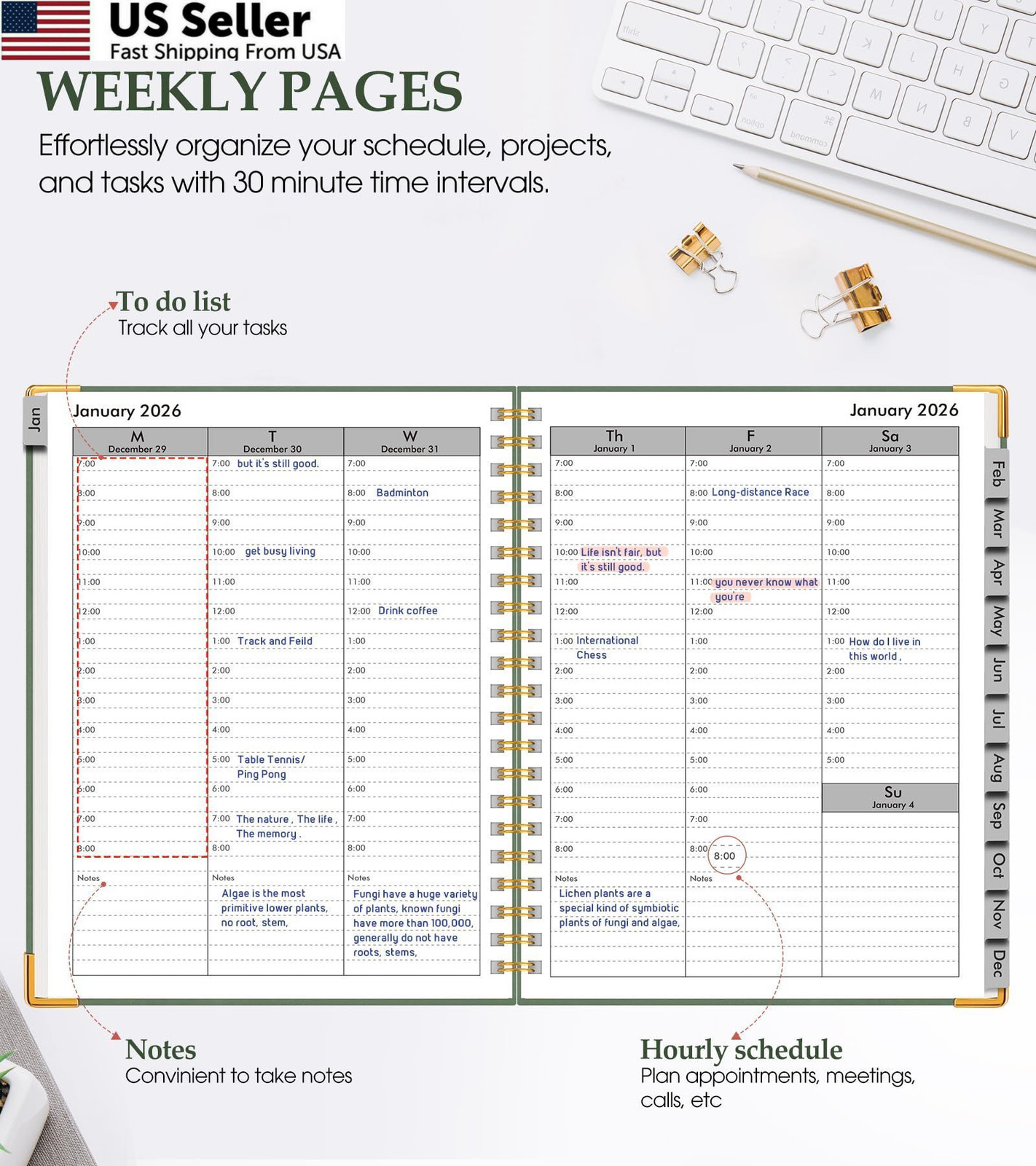 2026 Planner, Weekly and Monthly Calendar A4 (Jan 2026 – Dec 2026), Green