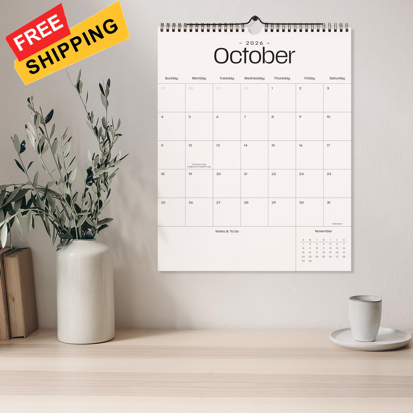Beautiful 2026 Wall Calendar – Runs from January 2026 until July 2027 – Beige