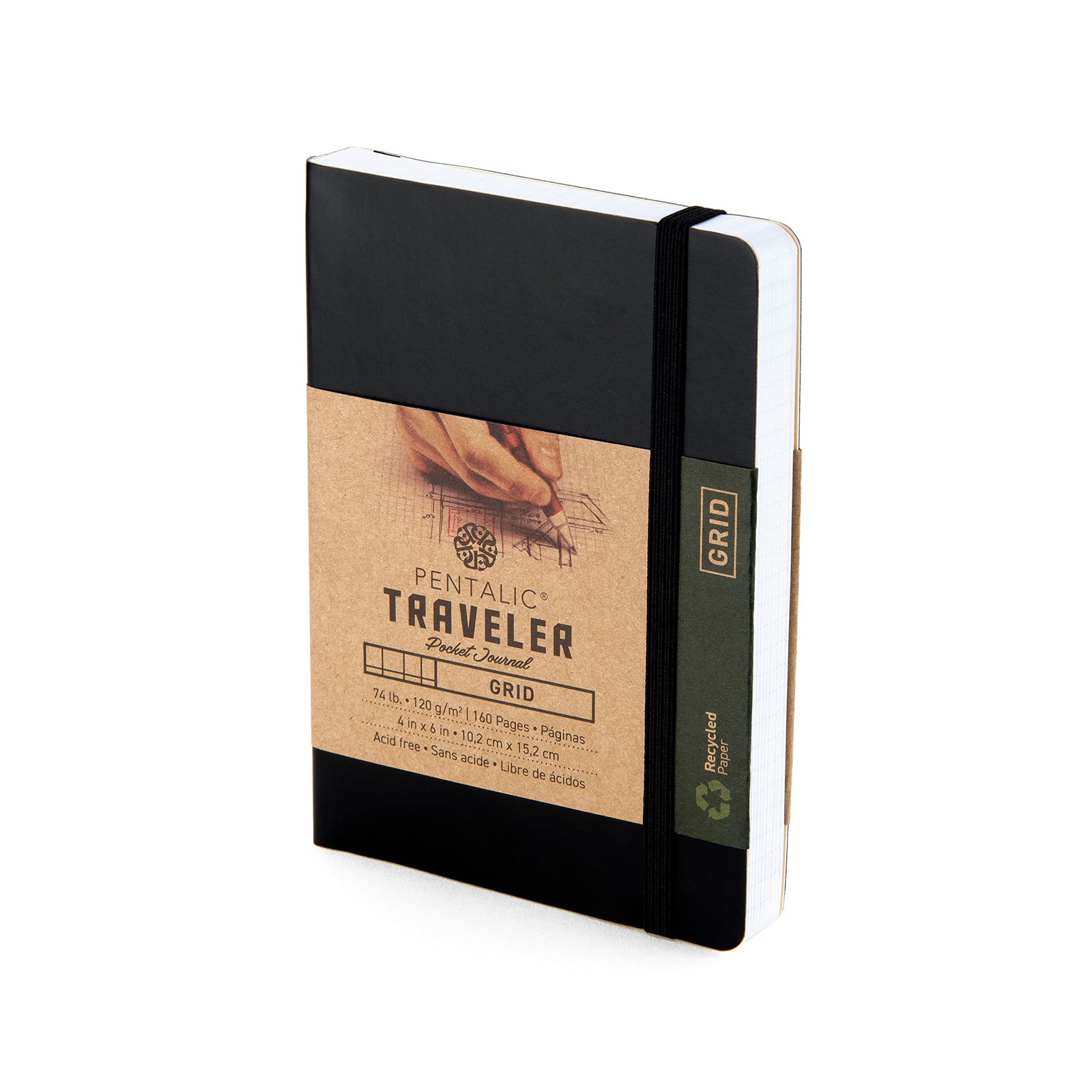 Pentalic 4″ x 6″ Pocket Grid Traveler Journal, 4-inch x 6-inch, Black, Black