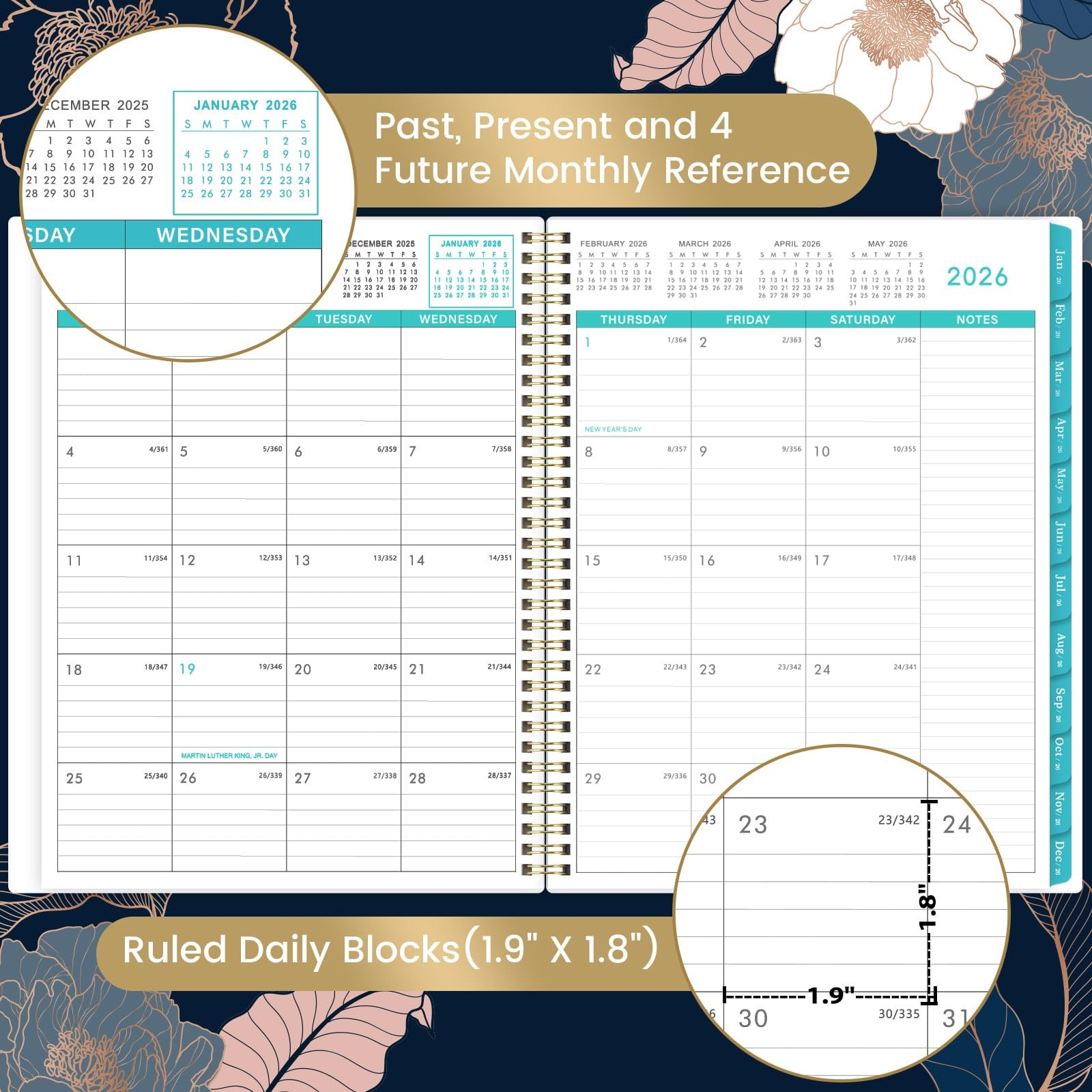 Monthly Calendar 2026, Twin Wire Binding, Floral Design, Thick Paper, Blue