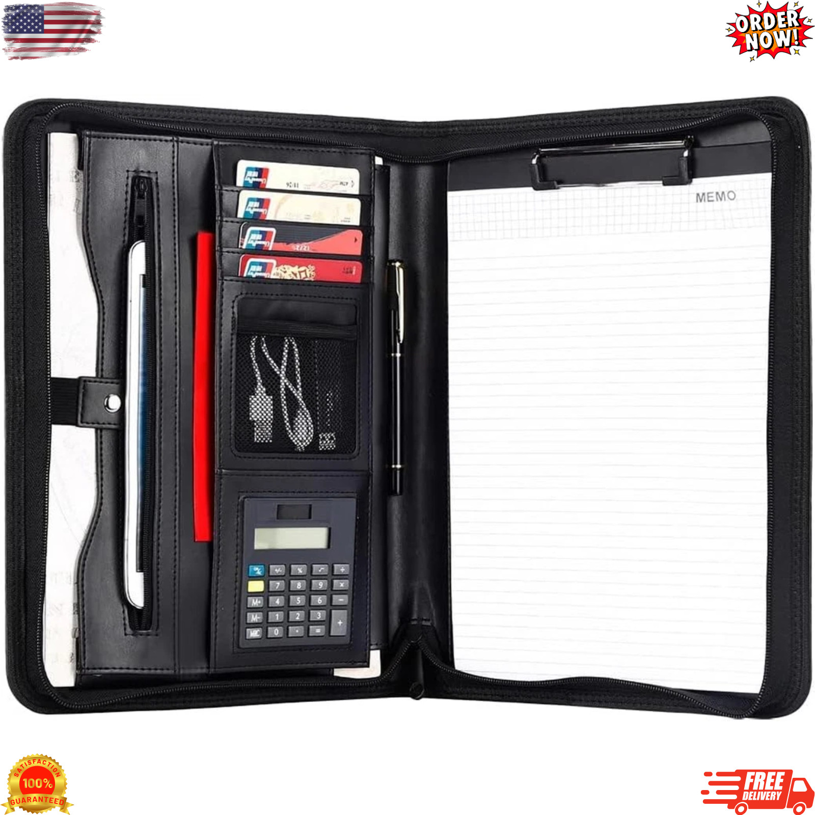 Padfolio Business Leather Portfolio Zippered Notebook Binder Office Organizer