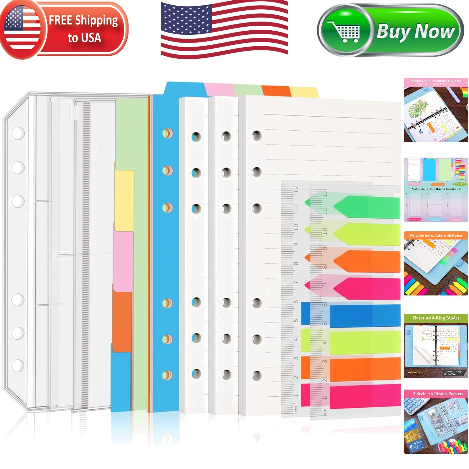 Versatile A6 Planner Binder Inserts: 135 Sheets, 160 Neon Sticky Tabs & Pockets
