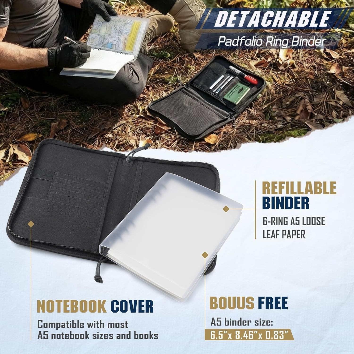 All-In-One Tactical Notebook Padfolio Binder, Detachable A5 6-Ring Binder & 80 R