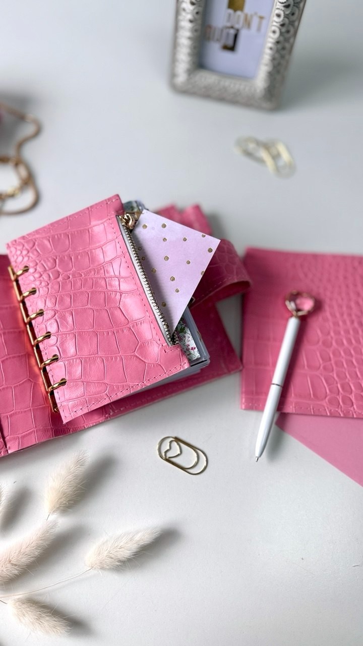 Owl Leather Mini Planner Set – Pocket Size A7 binder 6 rings– pink Croc Embossed