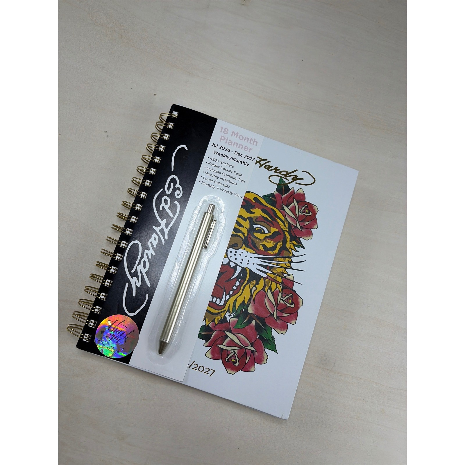 Ed Hardy 18 Month Planner July 2026-Dec 2027Tiger Roses Agenda with Pen Stickers