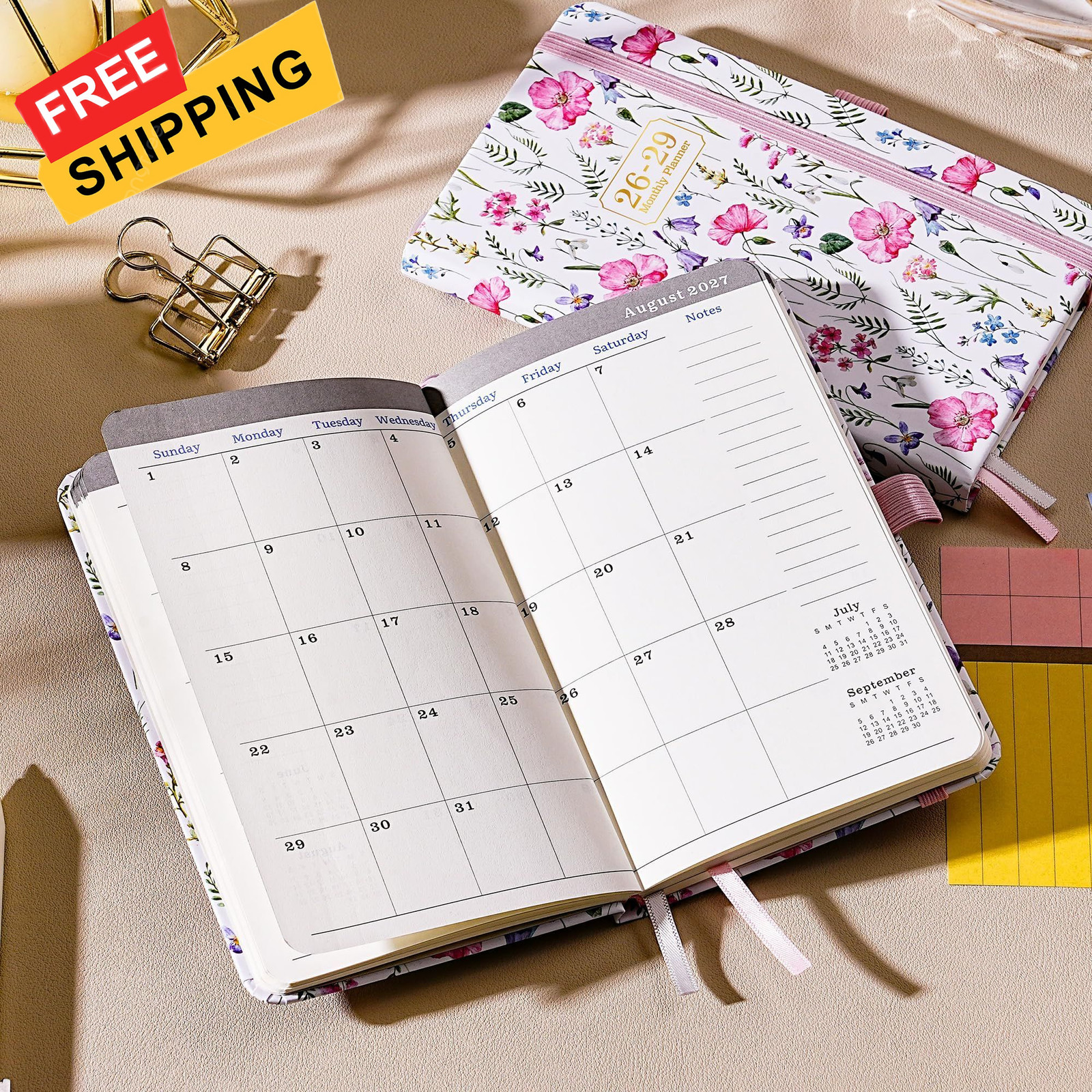 Pocket Calendar 2026-2029 – 3 Year 6.4 inches x 3.8 inches, Pink Flower