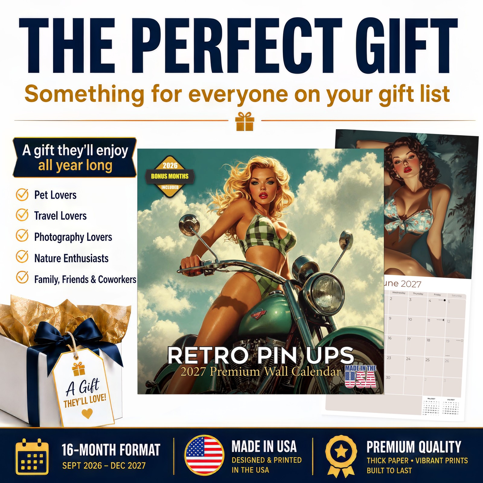 Retro Pin Ups Wall Calendar 2025 FULL SIZE 12×24 Made in USA
