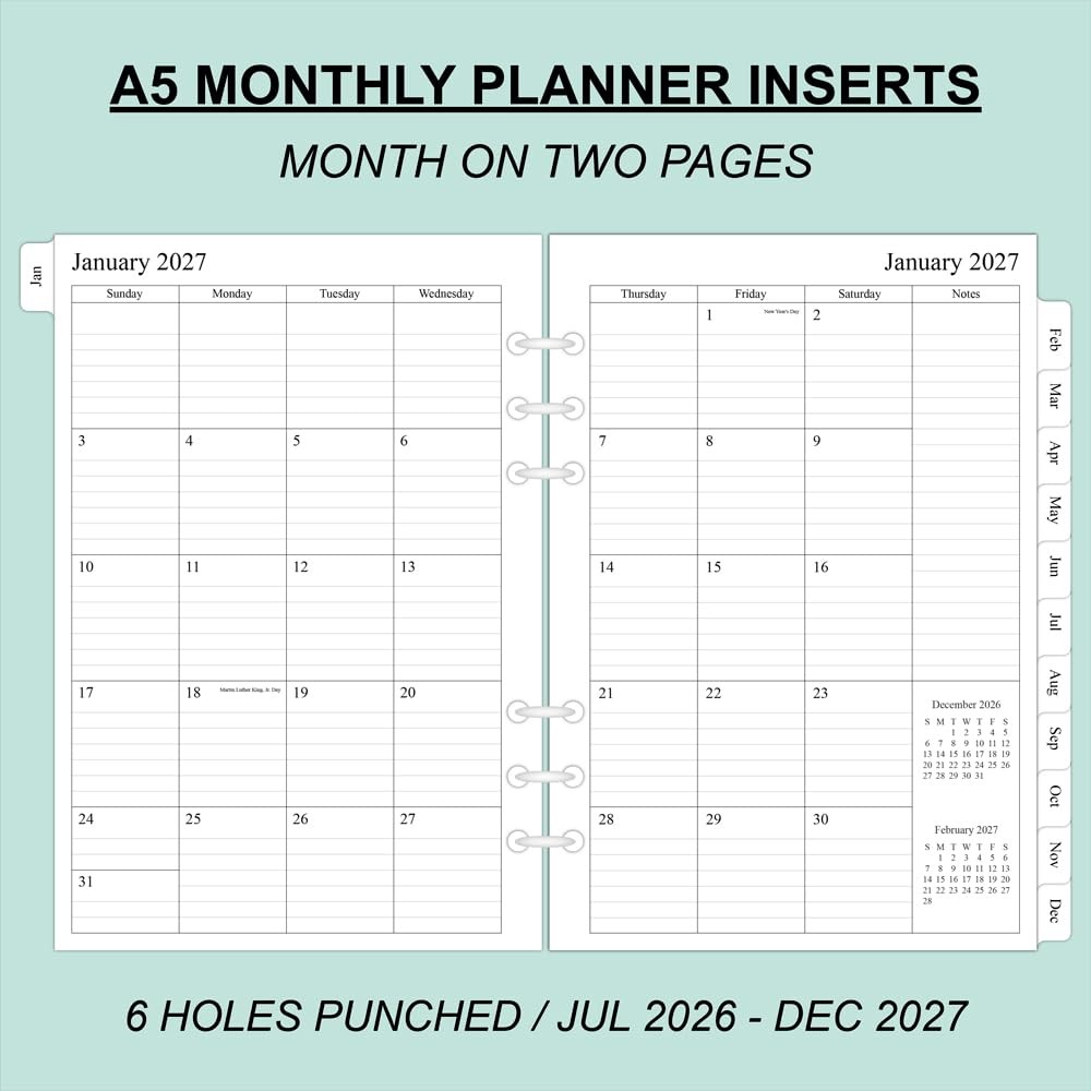 newestor 2026-2027 Monthly Planner Refills for A5 Two Page Per Month, White
