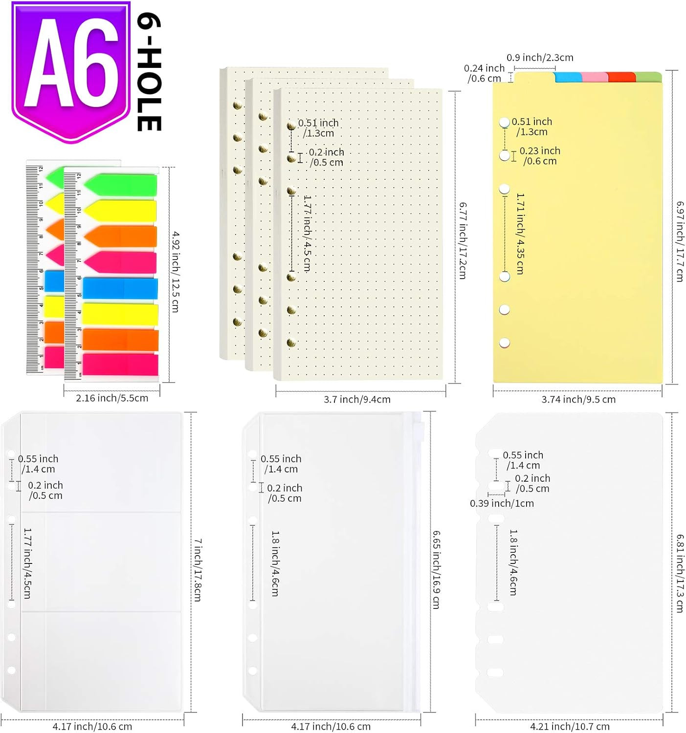 LEOBRO A6 Refill Paper, 3 Pack 45PCS A6 Dotted Loose Leaf Paper, with Page Marke