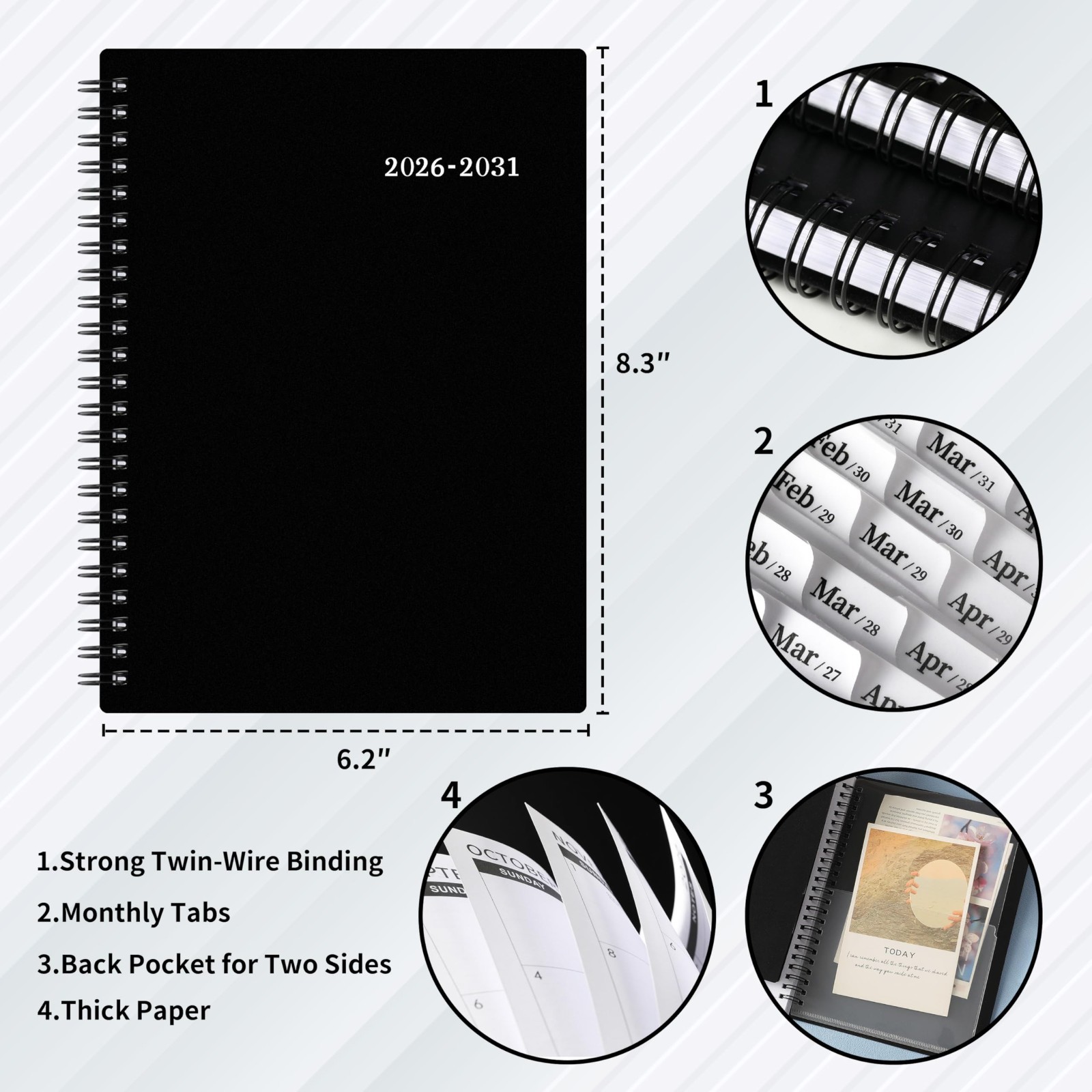 5-Year Monthly Planner 2026-2031, 6.2″x8.3″, Twin-Wire Binding, Tabs, Pocket – B