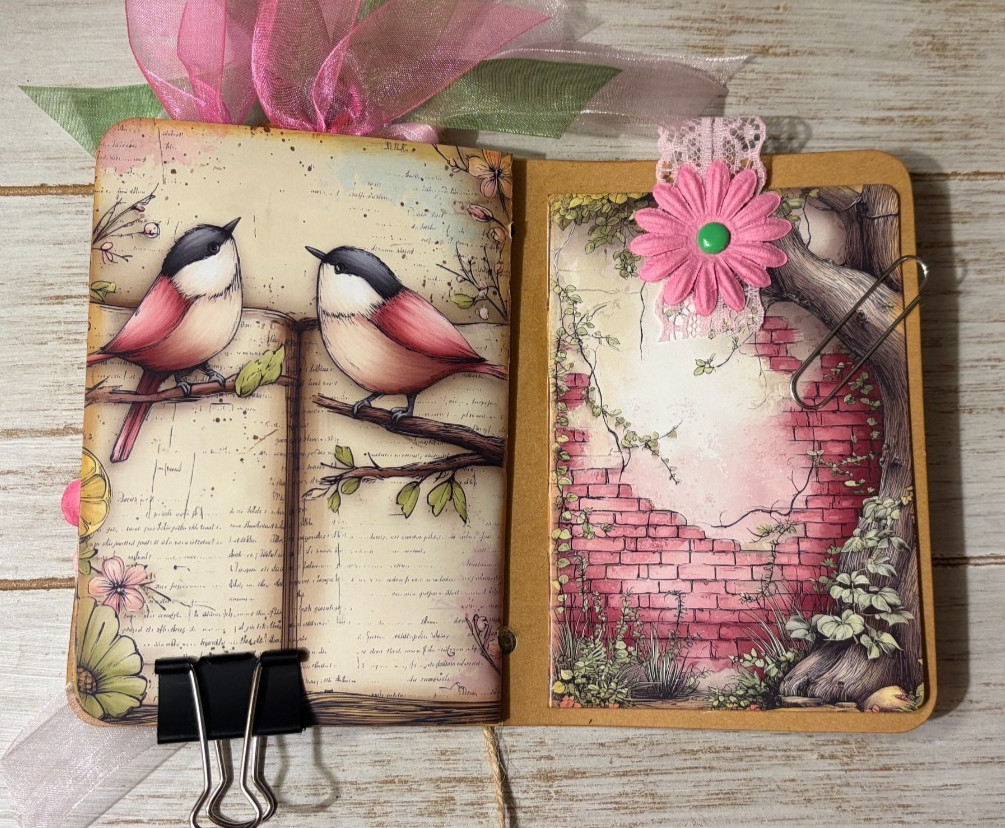 Junk Journal Handmade Booklet Book Vintage “Pink Garden” Pockets, Ephemera