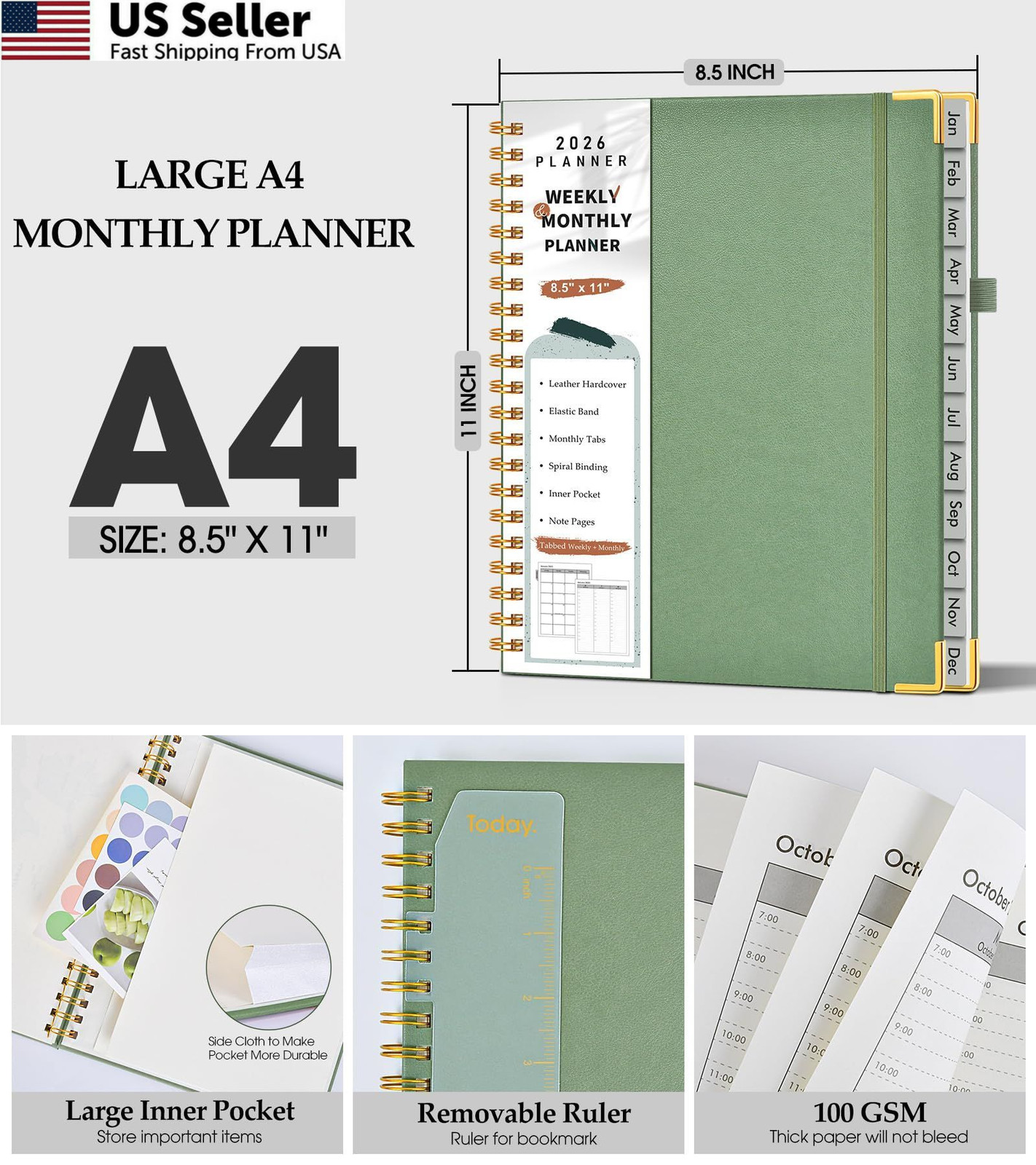 2026 Planner, Weekly and Monthly Calendar A4 (Jan 2026 – Dec 2026), Green