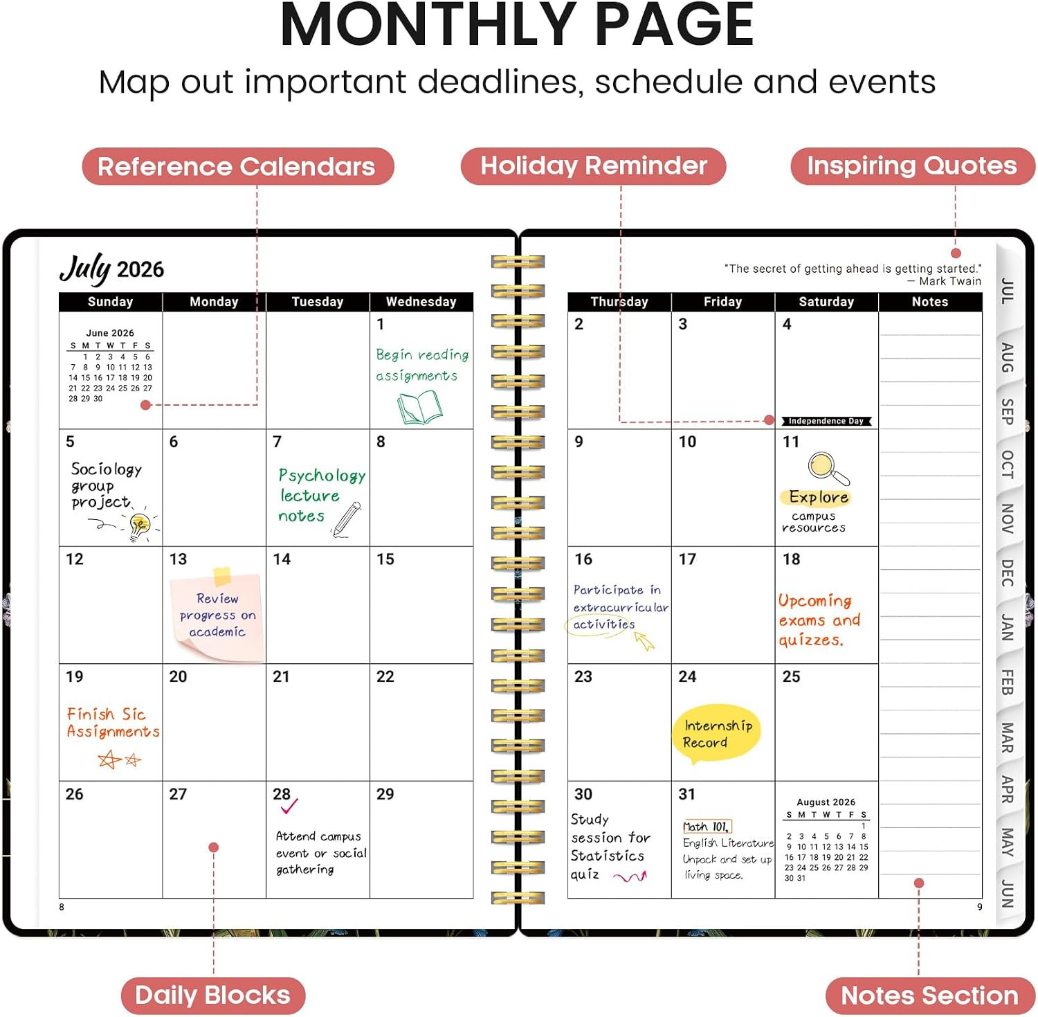 Planner 2026-2027, Academic Monthly and Weekly Calendar Planner for Women, July