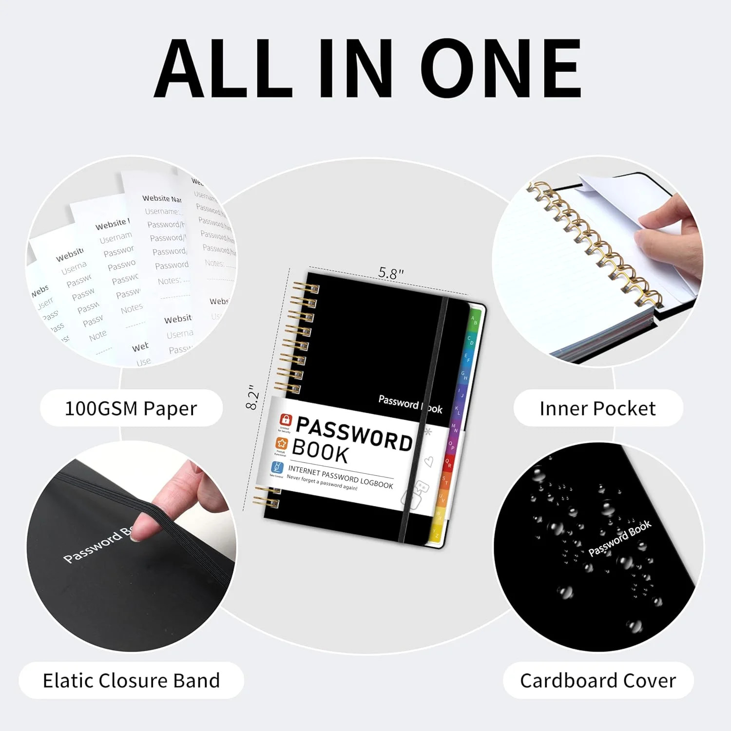 Spiral Password Book with Alphabetical Tabs, 5.8″ X 8.2″ Password Keeper Book fo