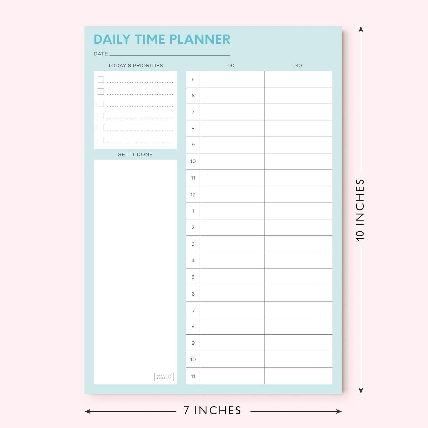 Sweetzer & Orange Time Block Planner. Undated Organizer To Do List Notepad. 7×10