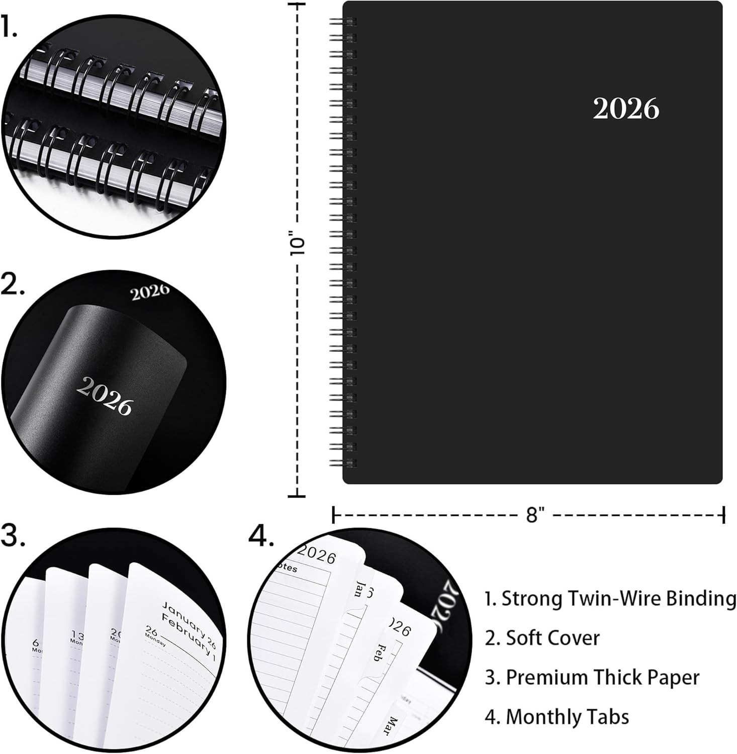 Versatile 2026 Weekly & Monthly Planner, 8×10, Flexible Cover, Twin-Wire Binding