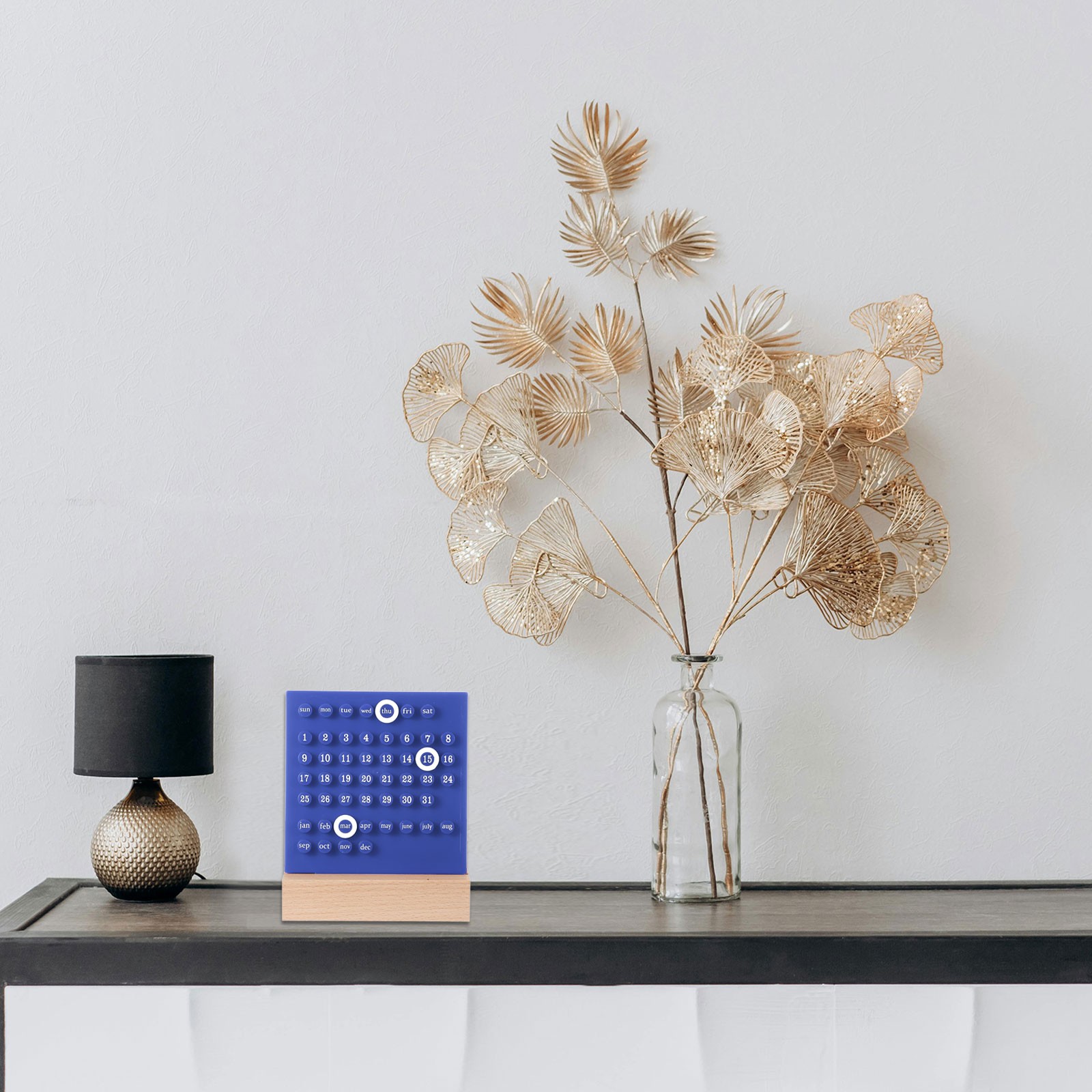 Wood Perpetual Calendar Desktop Acrylic Calendar Stand Wooden Blue