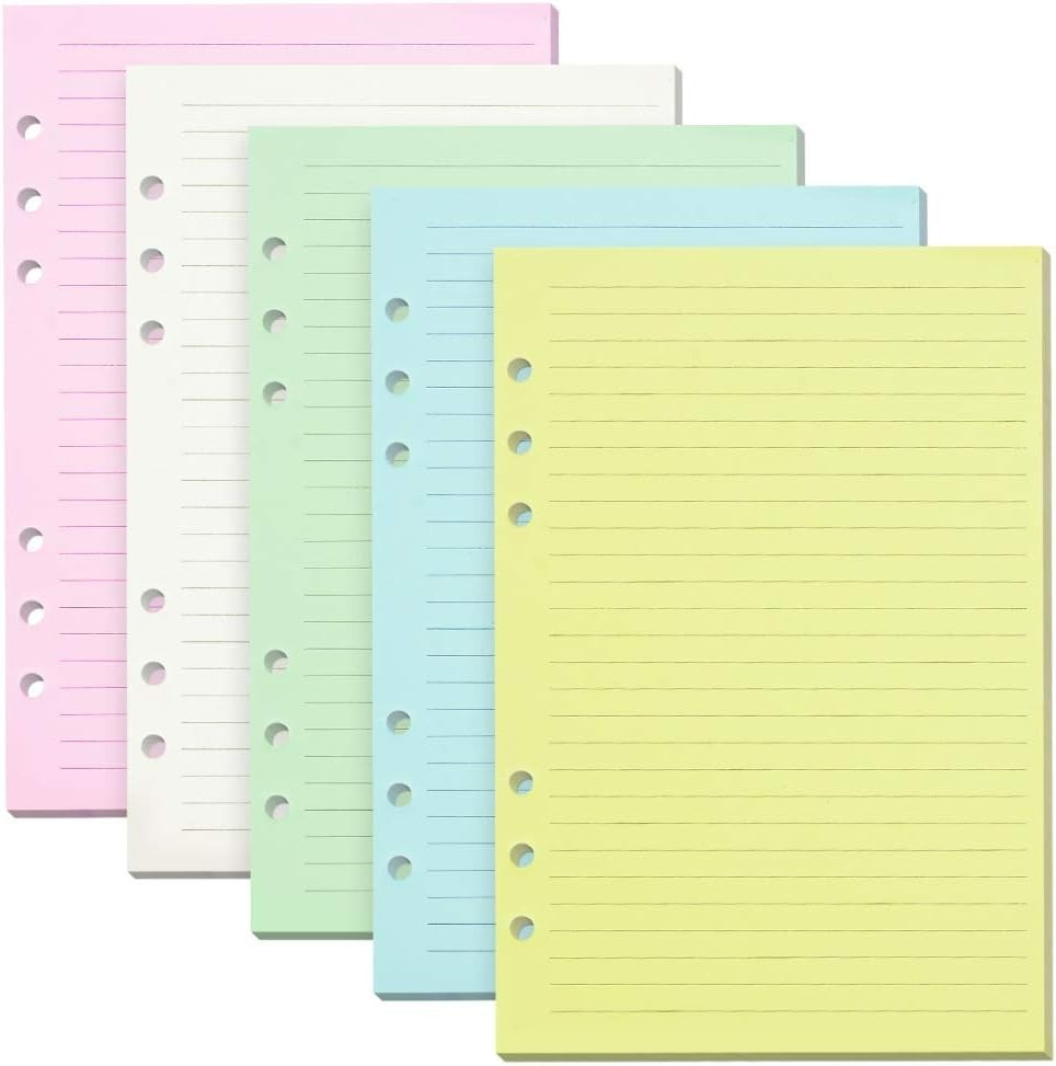 Lined Refill Paper, 200 Colored Ruled Pages for A6 Refillable 6-Ring Binder N…