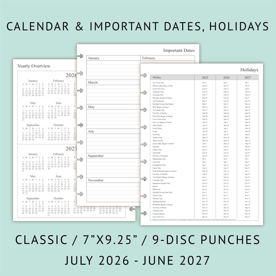 2026-2027 Planner Refills for Happy Classic Size – 7″x9.25″, White