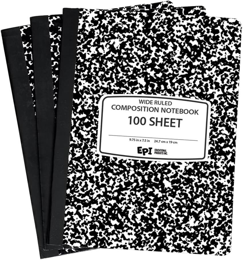 EPI 3 Pack Composition Notebook Wide Ruled, 200 Pages (100 Sheets) 9-3/4 x 7-1/2