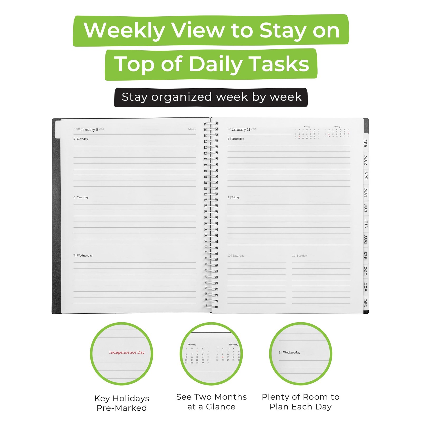 Walldeca 2026 Planner, Weekly & Monthly Planner 2026 (8.5 x 11-Inch), Black