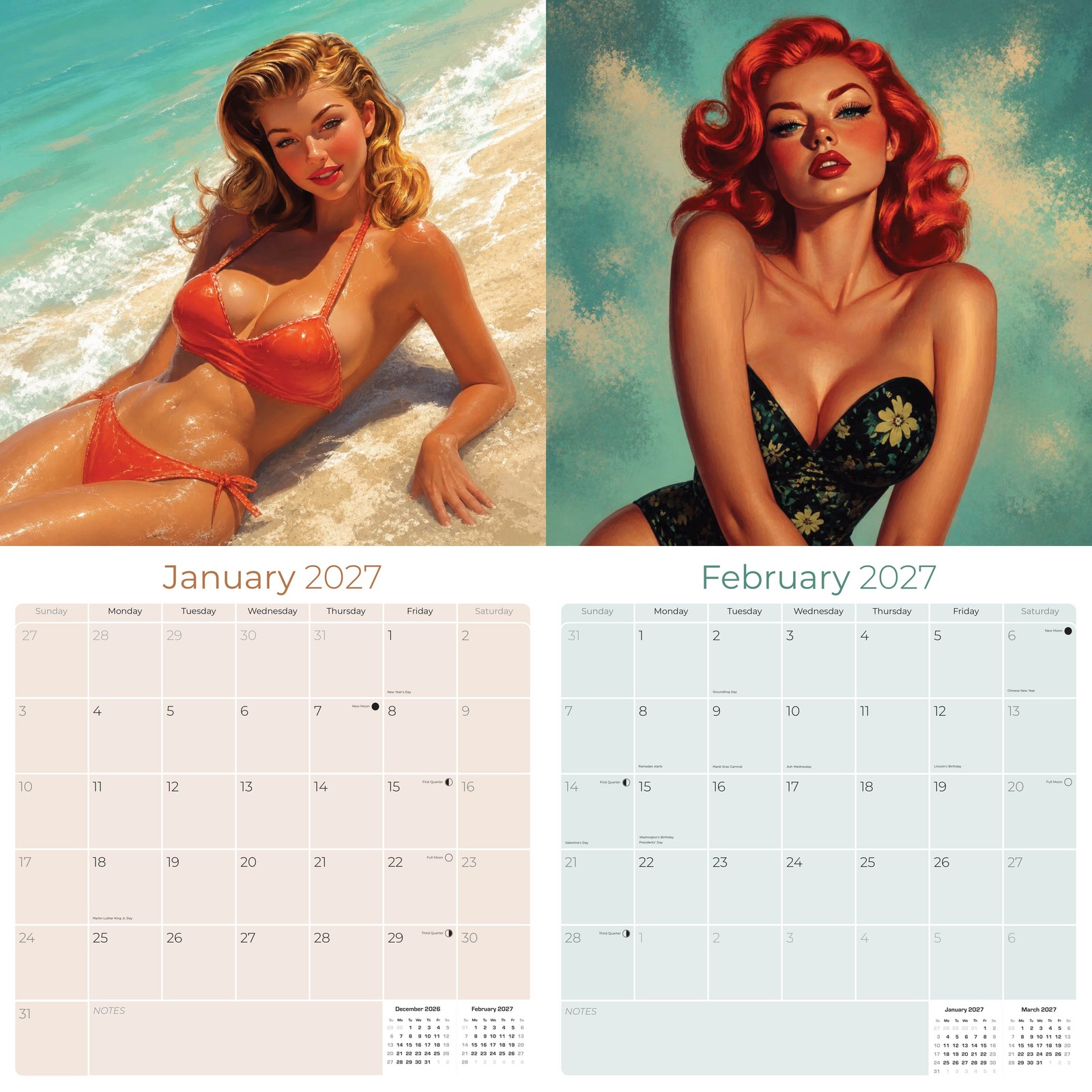 Retro Pin Ups Wall Calendar 2025 FULL SIZE 12×24 Made in USA