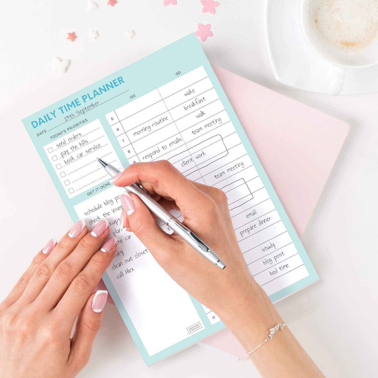 Sweetzer & Orange Time Block Planner. Undated Organizer To Do List Notepad. 7×10