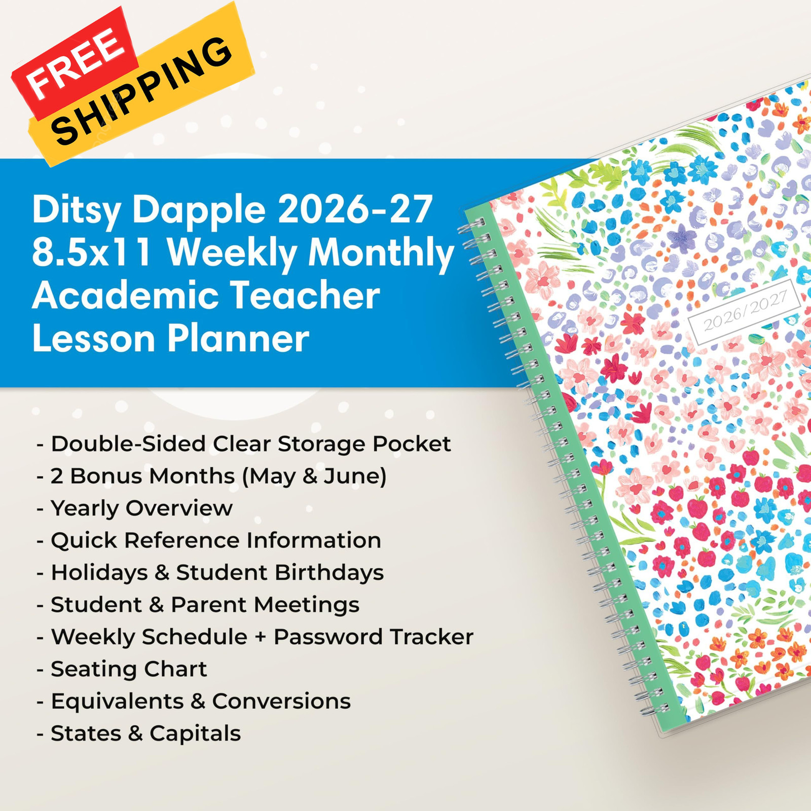 Blue Sky 2026-2027 Weekly and 8.5″ x 11″, Ditsy Dapple Light- 2026/2027