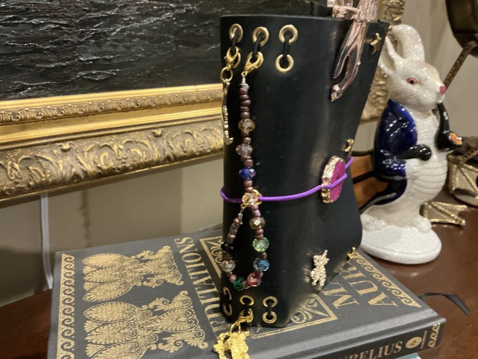 NEW Handmade Journal A6 Gold Hardware Purple Cord, pink druzy quartz charm