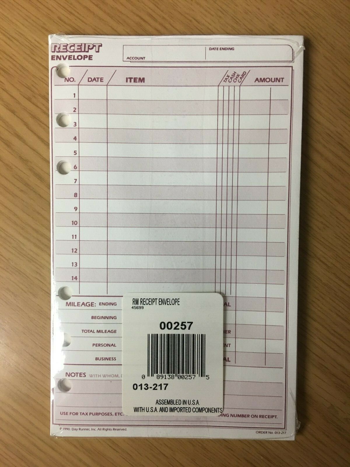 Day Runner Receipt Envelope (12 Per Pack) for 3¾” x 6¾” 6 Ring Organizers – New