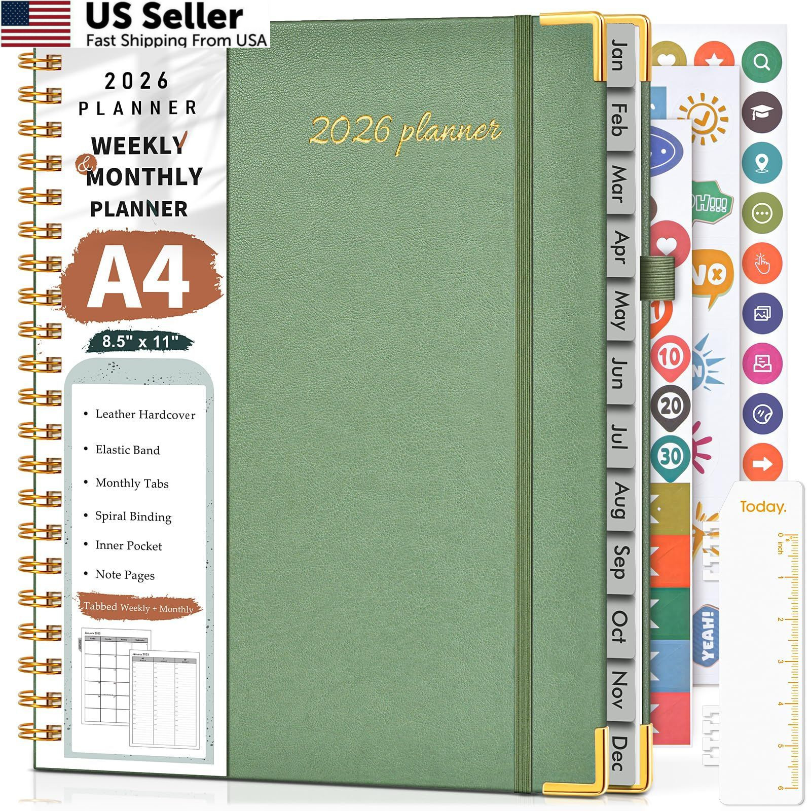 2026 Planner, Weekly and Monthly Calendar A4 (Jan 2026 – Dec 2026), Green