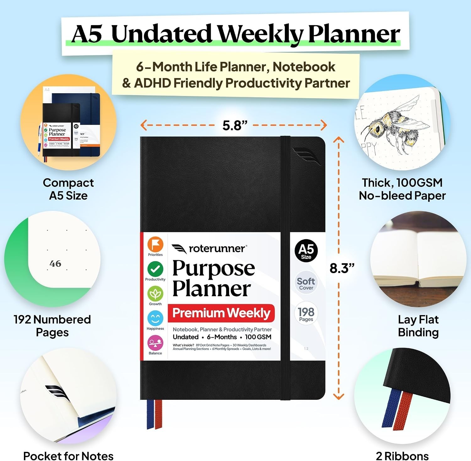 Purpose Planner Notebook A5 5.8”x8.3” Undated 2026