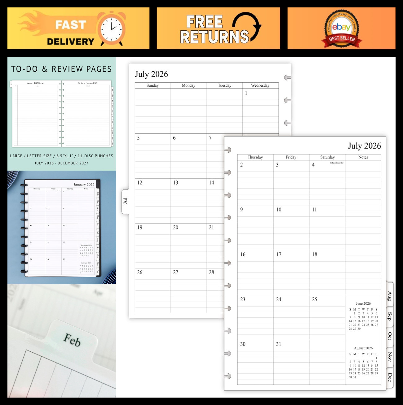 2026-2027 Monthly Planner Refill for 11-Disc Notebooks, Letter Size, 2 Pages/Mon