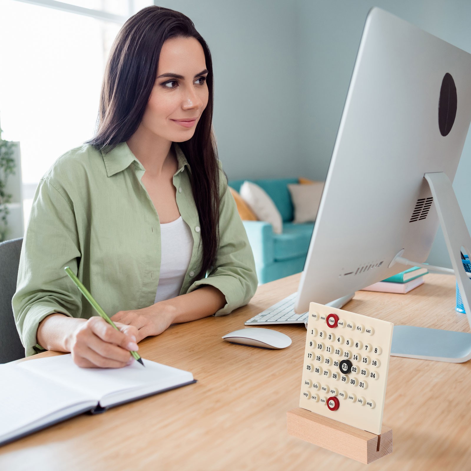Wood Perpetual Calendar, Desktop Acrylic Calendar Stand Wooden, Beige