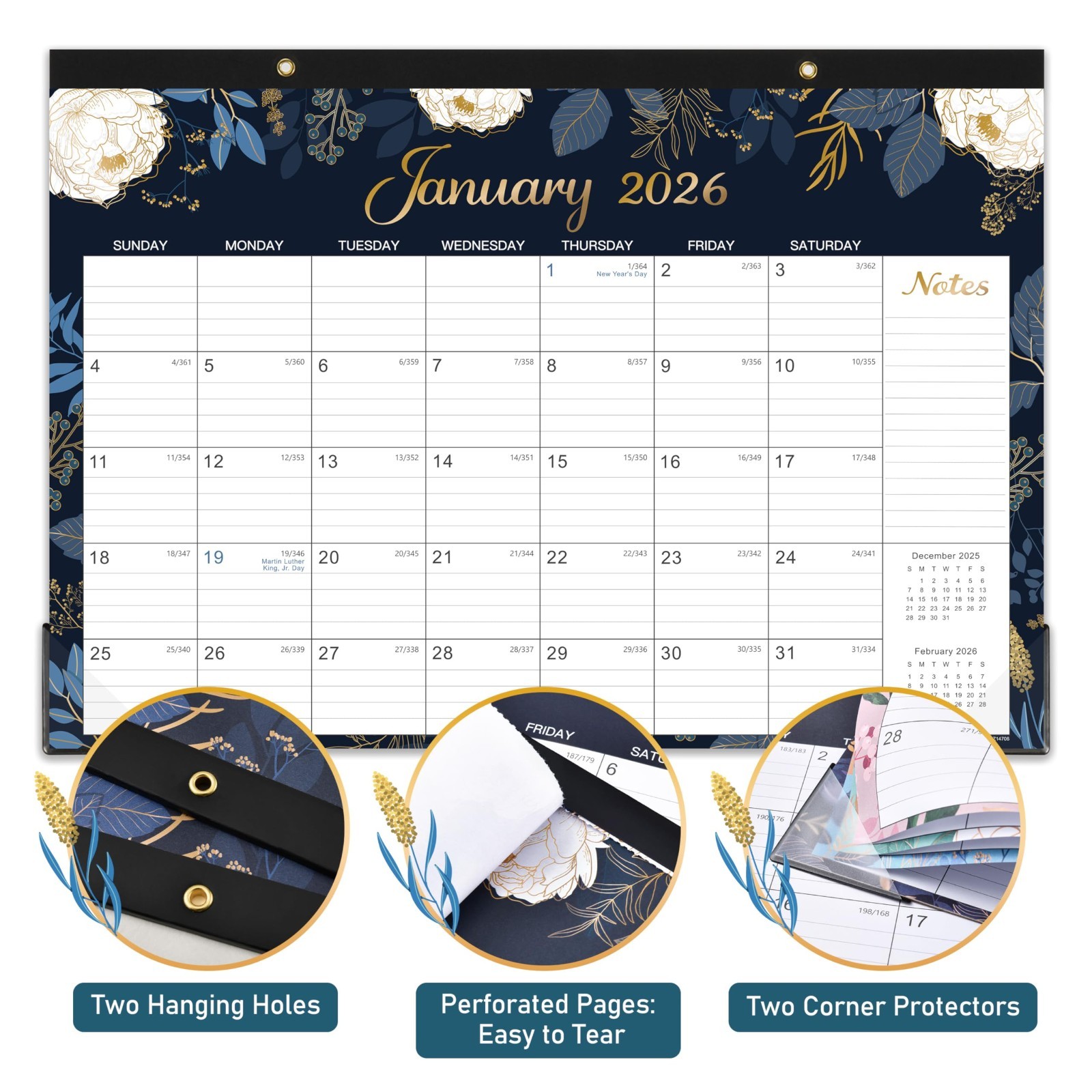 2026 Monthly Desk Calendar, 17×12 Office Planner, Big Ruled Squares, Blue