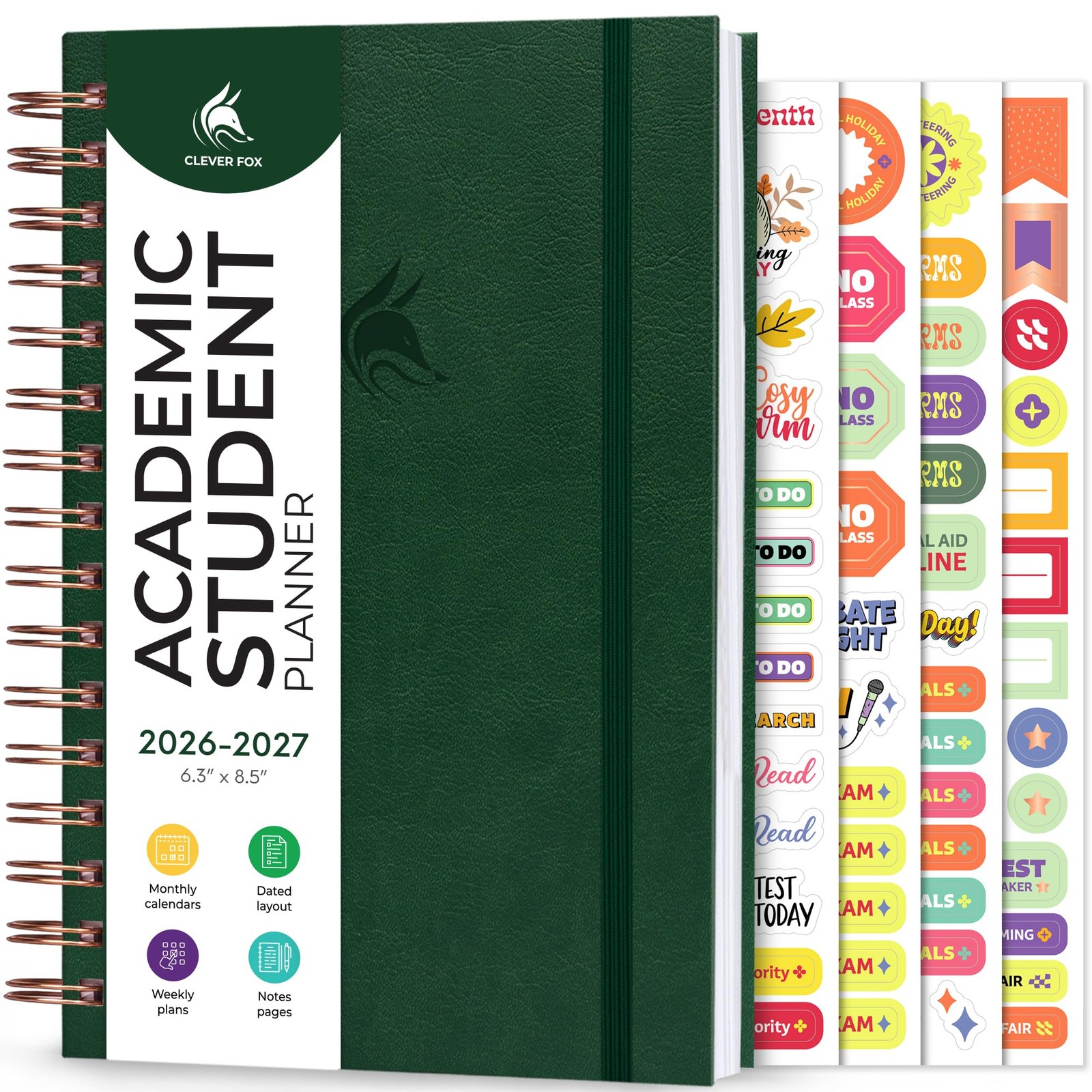 Clever Fox Academic Student Planner 2026-2027 – 6.3x 8.5″, Forest Green