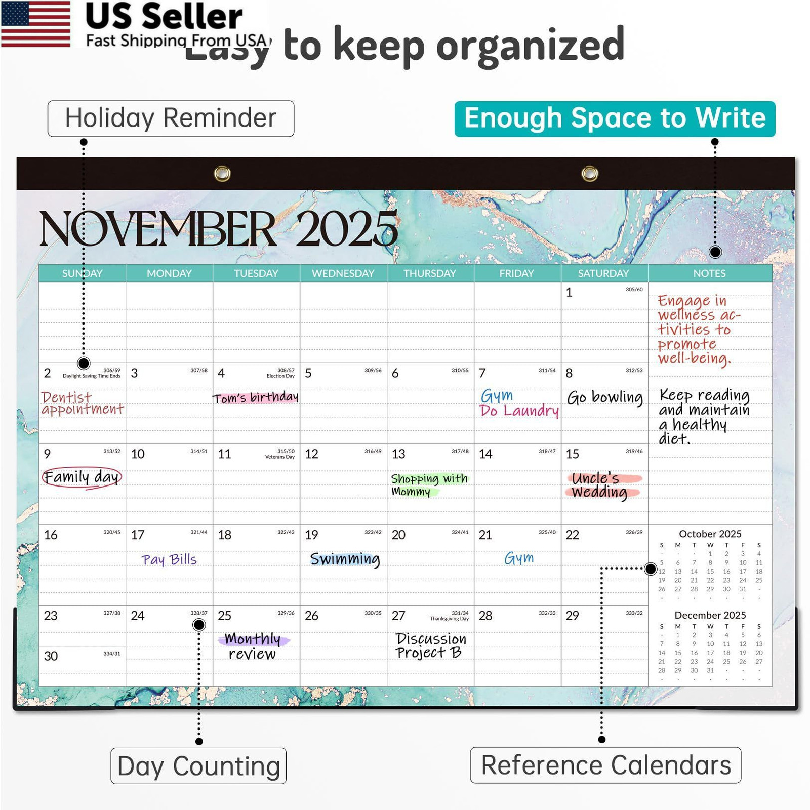 Forvencer Desk Calendar 2026, 26 Months 17 x 12″- (Nov 2025-Dec 2027), Green