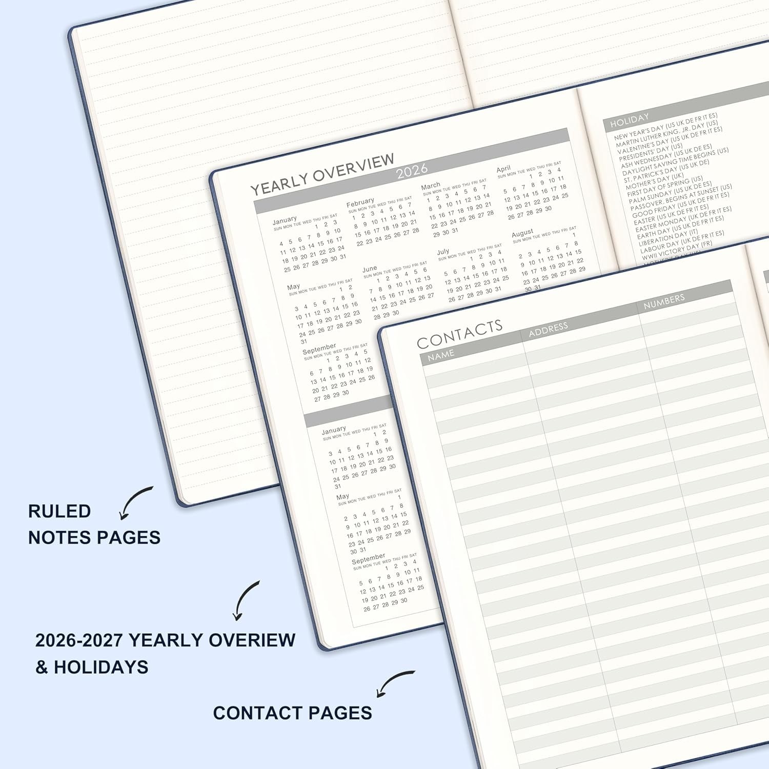 2026 2027 Monthly Weekly Planner Blue Flexible Cover Notebook with Notes Pages