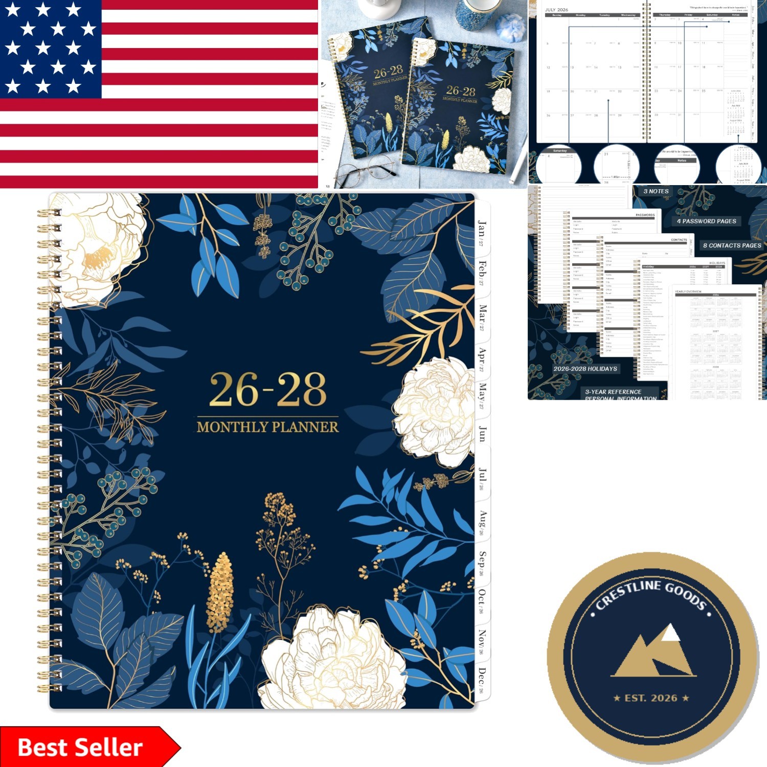 Eco-Friendly 2026-2028 Academic Planner – 11×9 with Twin-Wire Binding & Holidays