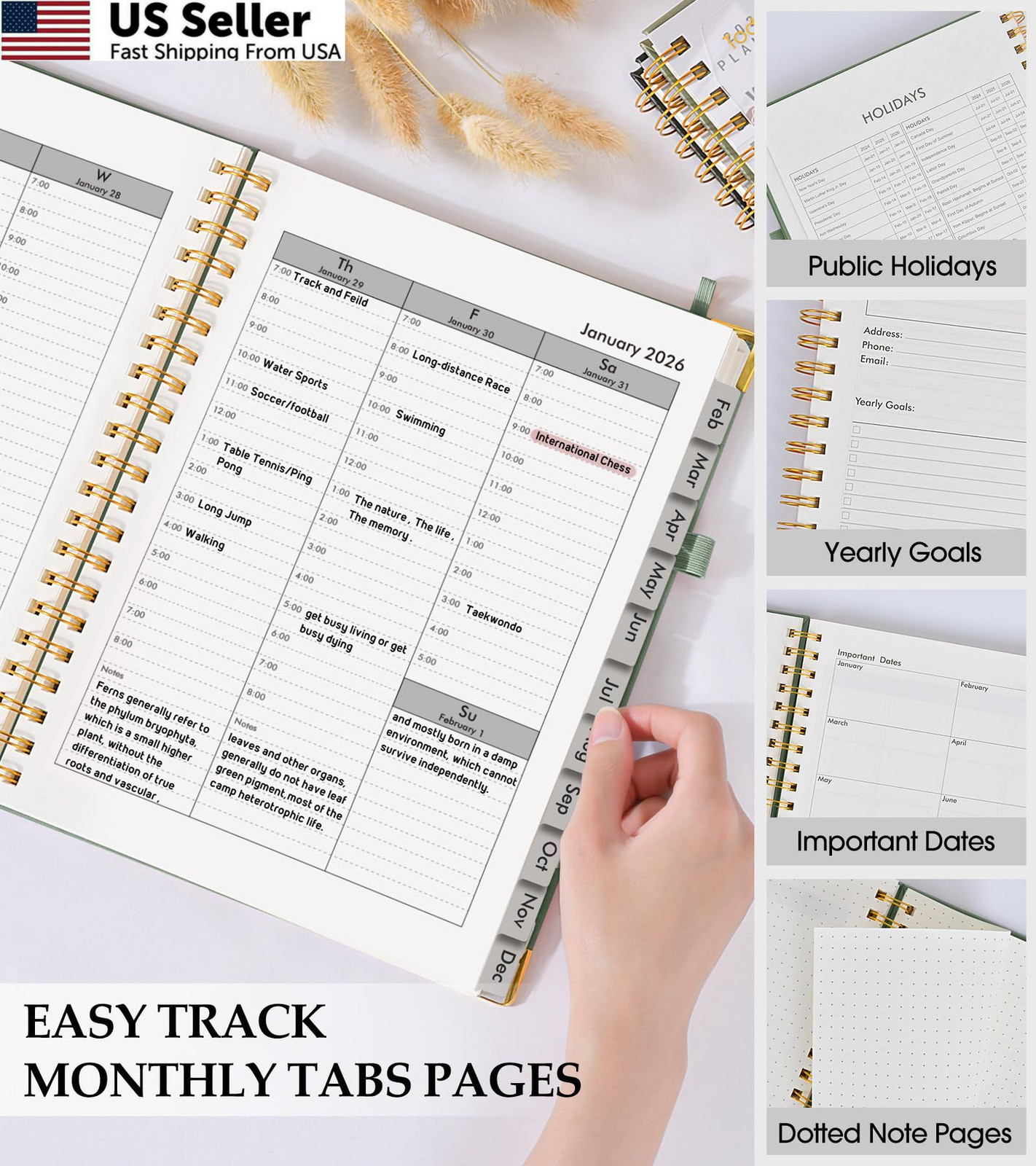 2026 Planner, Weekly and Monthly Calendar A4 (Jan 2026 – Dec 2026), Green