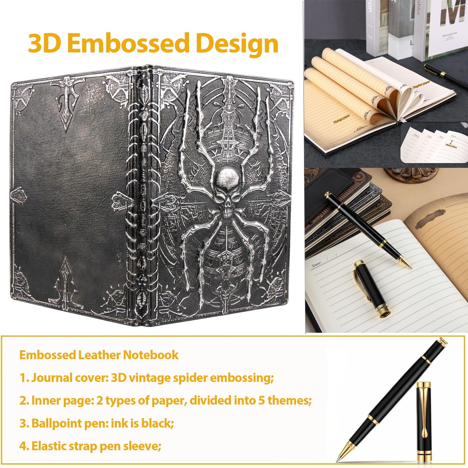 FEIDIAO Vintage Spider Notebook DND Embossed 1 Count (Pack of 1), Silver