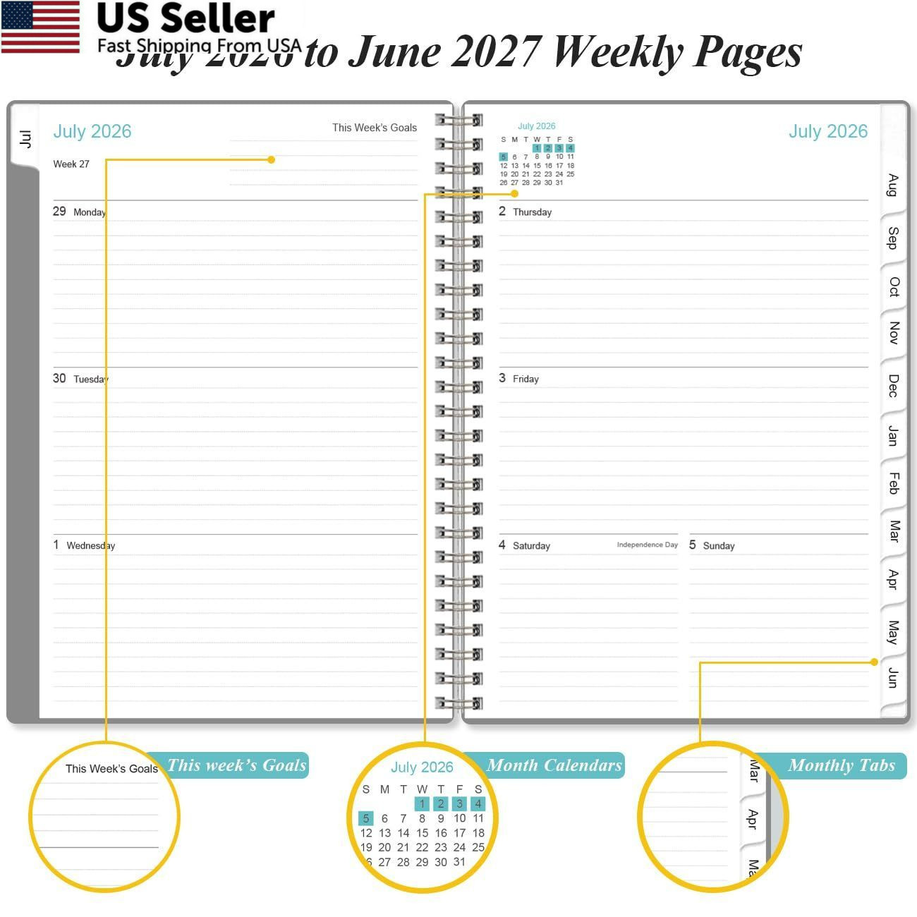 2026-2027 Planner – Weekly and Monthly Calendar 6.4″ x 8.5″, Grey-C