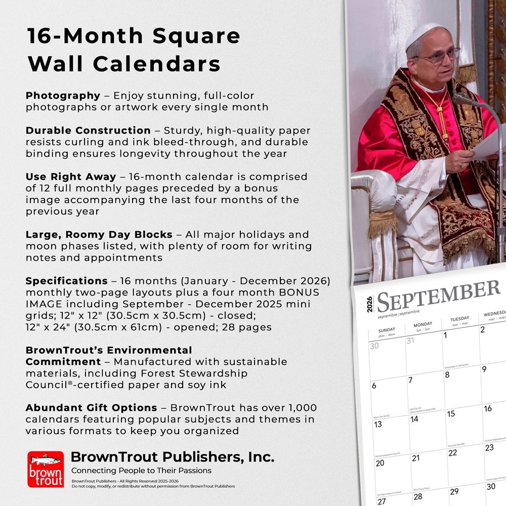Pope Leo XIV | 2026 12×24″ (Hanging) Monthly Square Wall Calendar