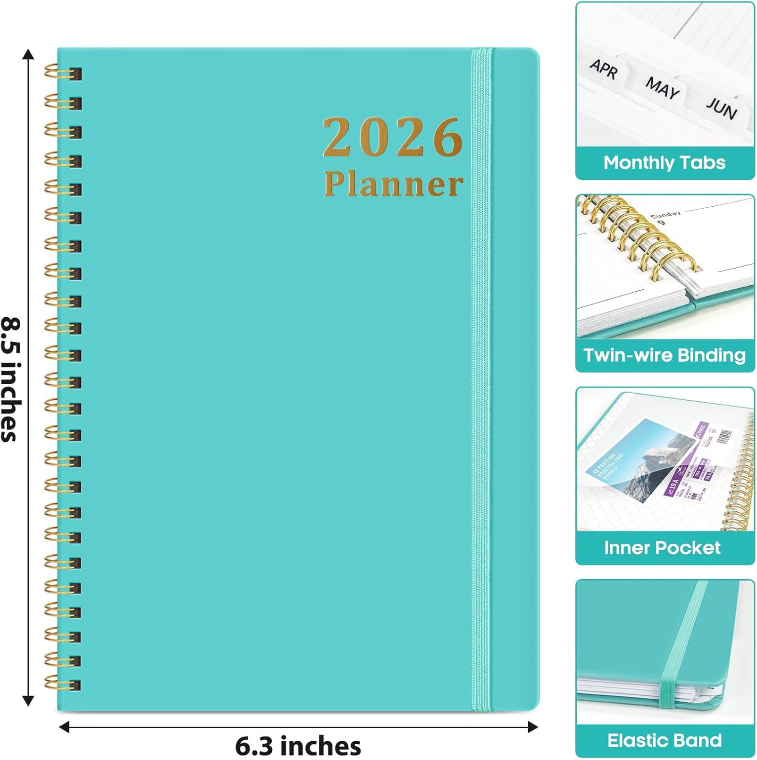 2026 Planner Weekly Monthly Calendar A5 Hardcover Spiral Book with TabsAquamarin