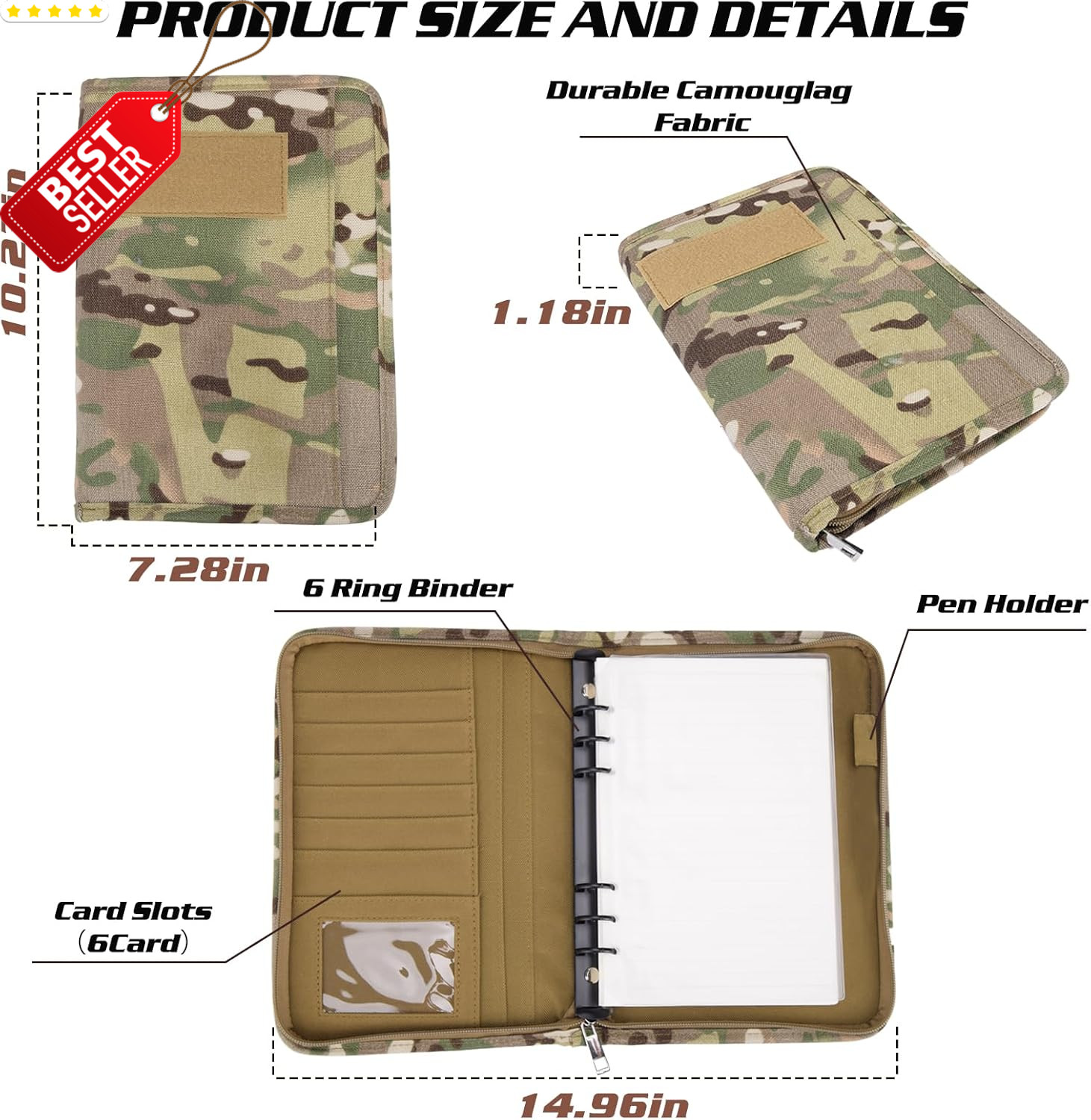 Military Tactical A5 Padfolio 6-Ring Binder Zipper Notebook 160 Pages – US